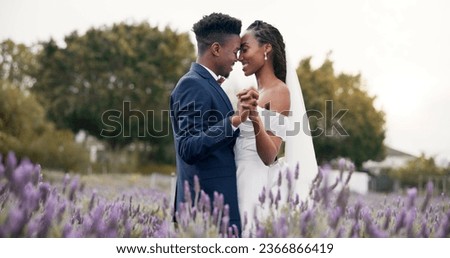 Wedding, dancing and black couple in garden for reception, celebration and excited future together. Gazebo, man and woman with smile at marriage with flowers, music and happiness at party in nature.