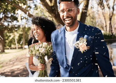 Wedding day, couple and confetti outdoor with happiness and smile from marriage event. Celebration, African people and bride walking with flower bouquet at love and trust commitment ceremony - Powered by Shutterstock