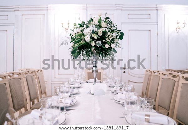 Wedding Decor Accessories Orchids Roses Eucalyptus Stock Photo