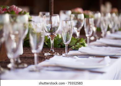 Wedding Decor, Wine Glasses And Champagne Flutes On Table. Selective Focus