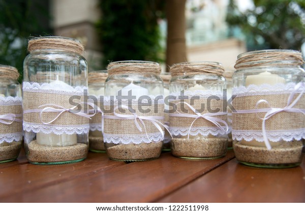 Wedding Decoration Candles Glass Jars Decorated Stock Photo Edit