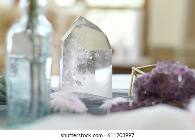 Wedding Decoration With ,crystals, Pink Quartz, Amethyst, Rock Crystal, Floristry And Serving