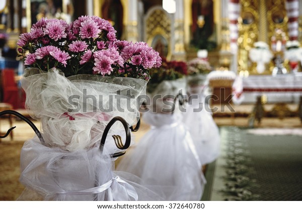 Wedding Decoration Ribbons Flower Church Ceremony Stock Photo