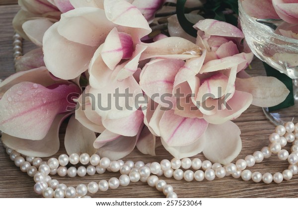 Wedding Decorations Magnolia Flowers Pearl Jewels Stock Photo