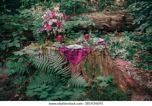 Wedding Decorations On Tree Stump Forest Stock Photo Edit Now