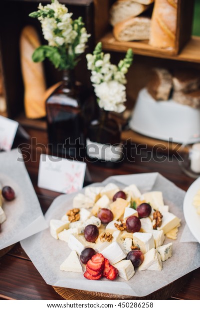 Wedding Decorations Reception Buffet Fruits Cheese Stock Photo