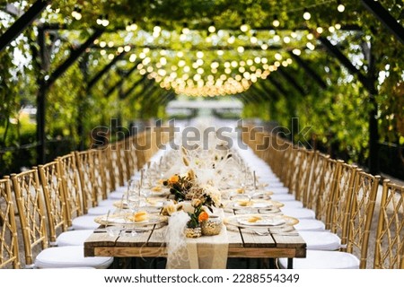 Wedding decorations. Served wedding table with golden plates, golden chairs, napkins, decorative fresh and dried flowers, candles and light bulbs. Celebration details, wedding outdoor	
