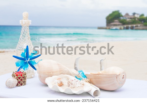 Wedding Decorations Wedding Table Beach Outdoor Stock Photo