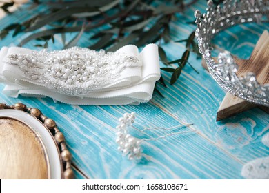 Wedding Details Close-up. The Fees Of The Bride. Tiara, Gloves, Mirror, Hair Clips. Top View Of The Bride's Details. Preparation For The Wedding Concept, Copy Space