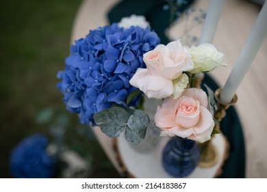 Wedding Details, Table Decorations With Flowers Close Up. Beautiful Park