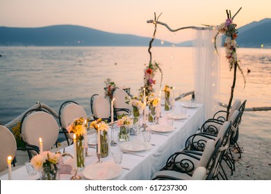 Wedding dinner by the sea. Wedding banquet at the sea. Donja Lastva, Montenegro, Tivat.