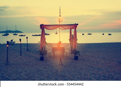 Wedding Dinner Setting On The Beach At Exotic Twilight Luxury Lifestyle Experience In Phuket Thailand