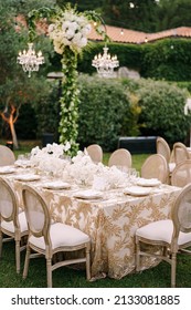 Wedding dinner table reception. Elegant tables for guests with cream tablecloths with patterns, on green lawn, with garlands and chandeliers hanging over them. Chairs with round back
