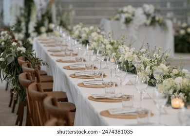 Wedding dinner table reception, wooden chair in wedding - Powered by Shutterstock