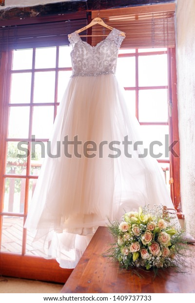 Wedding Dress Hanging Front Wooden Frame Stock Photo Edit Now