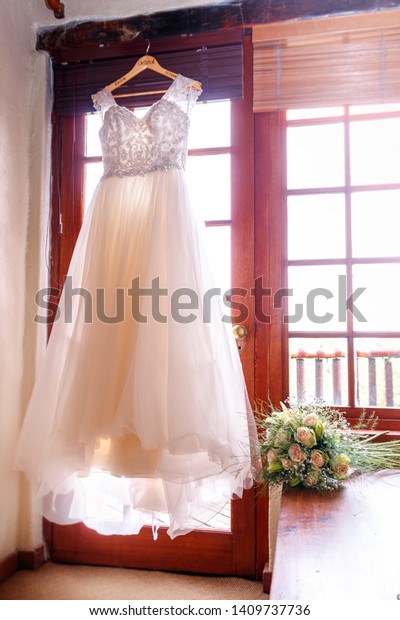 Wedding Dress Hanging Front Wooden Frame Stock Photo Edit Now