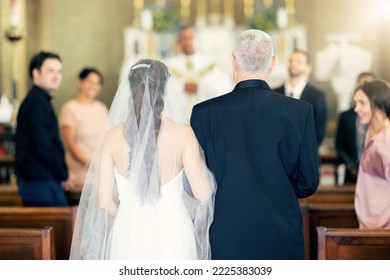 Wedding, event and father with bride at chapel for celebration, faith and marriage ceremony. Happy, family and church with dad and daughter walking in aisle for love, pride and Christian belief