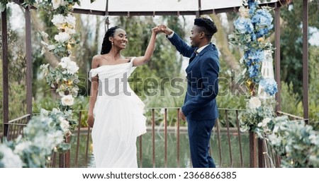 Wedding, first dance and black couple in garden with love, celebration and excited for future together. Gazebo, man and woman at marriage reception with flowers, music and happiness at outdoor party.