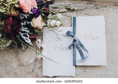 Wedding Floristry. A Bouquet Of Bright Flowers Lies On A Granite Window Sill Next To Invitation Cards