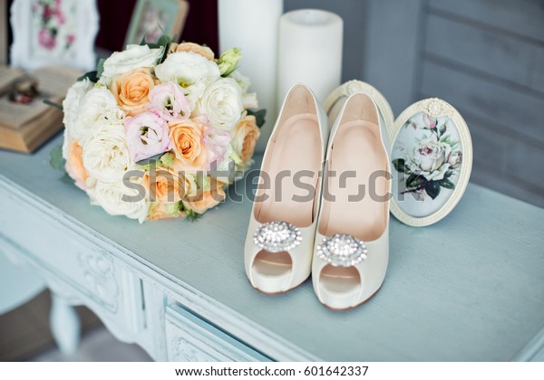 Wedding Flowers Beautiful Shoes Decoration Beauty Stock Photo