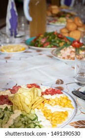 Wedding Food Table, Full Of Meals. Salad, Dishes. Dining Room, Cooking. Nobody