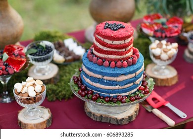Wedding in the forest. cake with berries, Blueberries and raspberriess on the table. Fourchette, a lot of food on the table