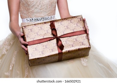 Wedding. Gift Boxes In Bride Hands 