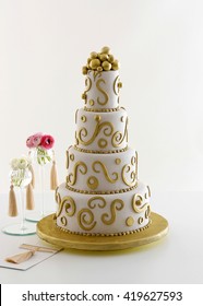 Wedding Gold Cake With Invitation Card