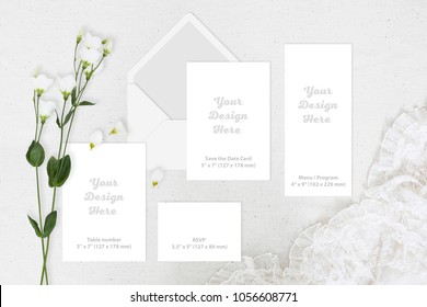 Wedding Greeting Invite Card Blank Set.
Gentle Mockup Template With Eustoma Flower And Lace