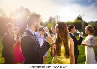 Wedding guests clinking glasses while the newlyweds drinking champagne in the background - Powered by Shutterstock