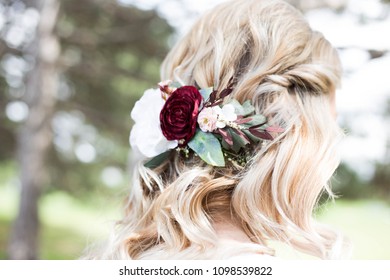 Wedding Hair Piece Flowers Rose Leaves Blonde Wavy Twist Style