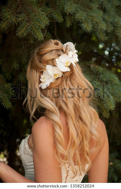Wedding Hairstyle Decorated White Orchid Flowers Stock Image