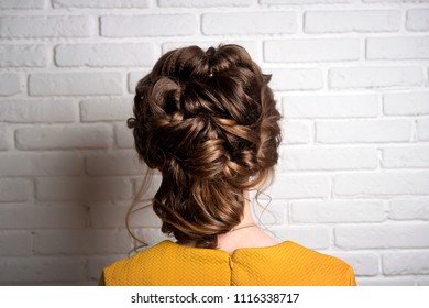 Wedding Hairstyle Low Bun On The Head Of The Brunette Rear View. Women's Hairstyles.