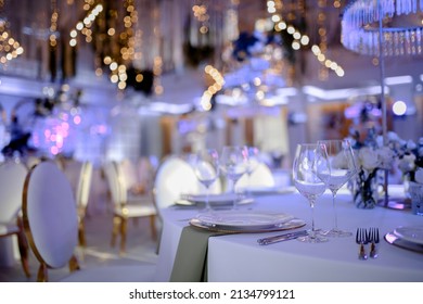 Wedding hall with decoration. Banquet hall for weddings, banquet hall decoration, atmospheric decor - Shutterstock ID 2134799121