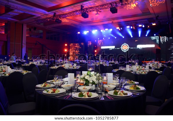 Wedding hall or other function facility set for\
fine dining