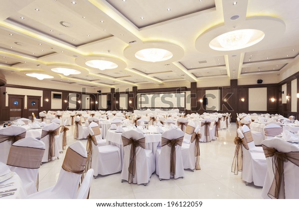 Wedding hall or other function facility set for fine\
dining 