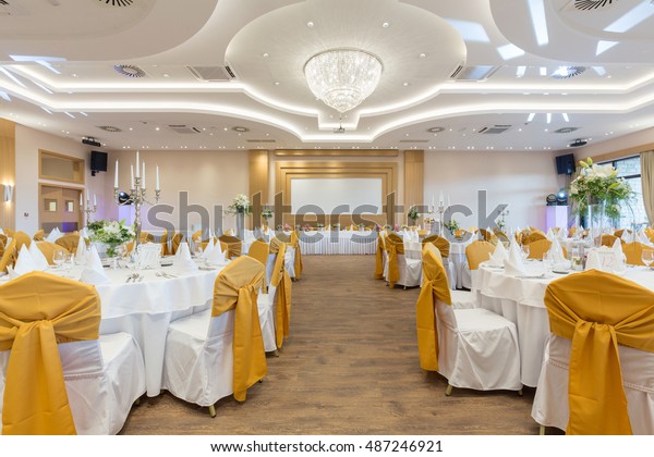 Wedding hall or other function facility set for fine\
dining 