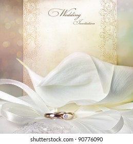 Wedding Invitation Card With Calla Lily And Golden Rings