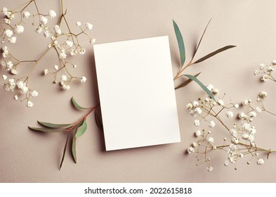 Wedding invitation card mockup with natural eucalyptus and white gypsophila twigs. Blank card mockup on beige background. - Shutterstock ID 2022615818