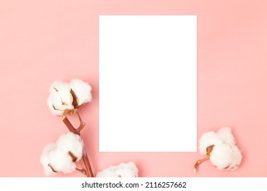 Wedding Invitation Or Greeting Card Mockup. Stylized Image. Blank White Card 5x7 With Cotton Branch.