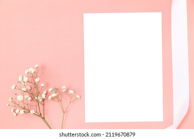 Wedding Invitation Or Greeting Card Mockup. Blank White Card 5x7 With Flower And Ribbon.