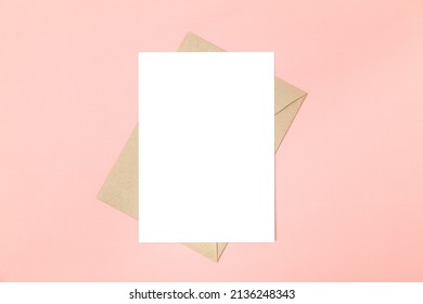 Wedding Invitation Or Greeting Card Mockup. Blank White Card 5x7 And Craft Paper Envelope.