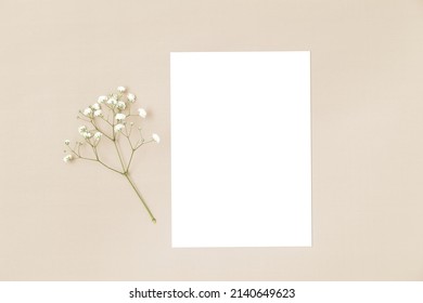 Wedding Invitation Or Greeting Card Mockup. Blank White Card 5x7 With A White Flower On A Beige Background.