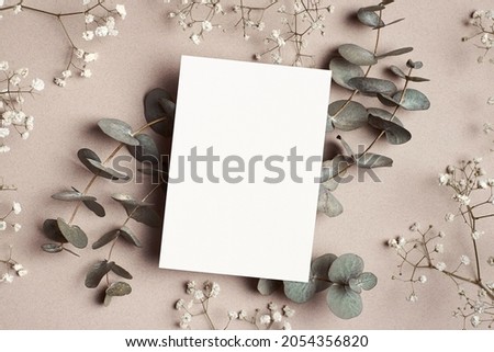 Wedding invitation or greeting card mockup, flat lay with natural eucalyptus and gypsophila flowers on paper background.