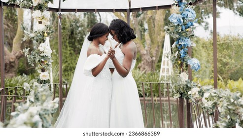 Wedding, lesbian and women dancing outdoor together at ceremony for celebration, happiness and romance. Marriage, love and lgbtq people embracing and moving with smile in elegant dress in nature - Powered by Shutterstock