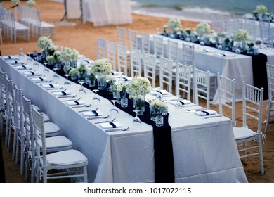 The Wedding Long Table Dinner Dark Blue And White Tone.