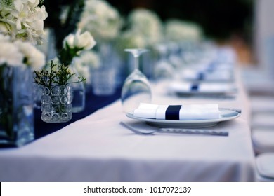 The Wedding Long Table Dinner Dark Blue And White Tone.