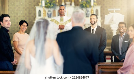 Wedding, love and bride and father walking the aisle in a church for celebration together. Happy, smile and groom, family and friends waiting for future wife with dad during event for marriage - Powered by Shutterstock