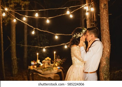 Wedding Love Story. Night Photo In The Forest