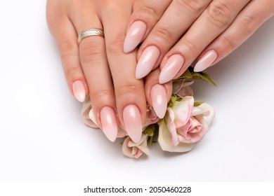 Wedding manicure white ombre on long sharp nails close-up on a white background holding flowers.